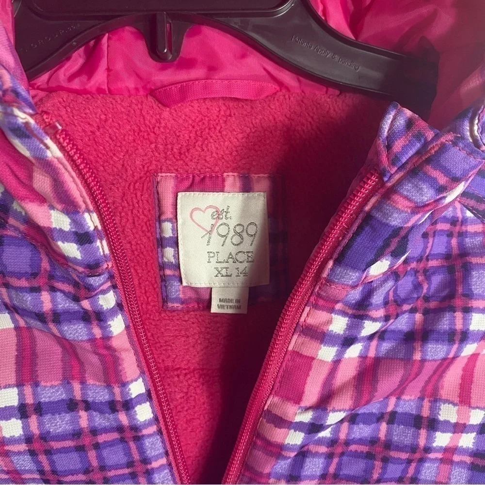 The Children’s Place Plaid Jacket Sz XL 14 Pink Purple Hooded Coat Puffer